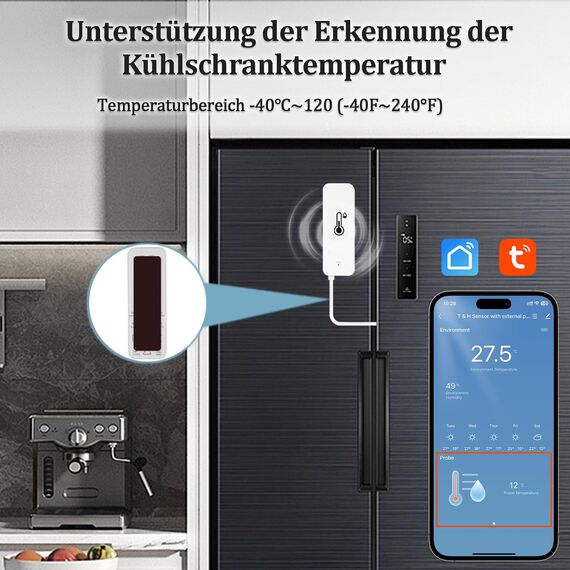 WIOONI WLAN Thermometer Hygrometer Innen Außen, WiFi Temperatursensor mit Externem Sensor und Tuya/Smart Life App für Pool, Teich, Aquarium, Gewächshaus, Kühlschrank, Terrarium, 1 Pack