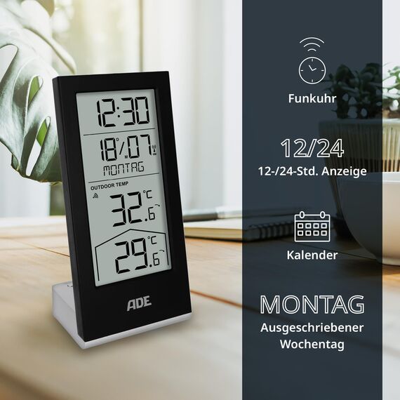 ADE Funkuhr digital mit Temperaturanzeige und Außensensor | Thermometer für Innen- und Außentemperatur | Trendanzeige | Tischuhr mit Datum und Wochentag | inkl. Batterien | schwarz