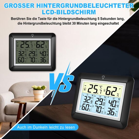Urageuxy Funk Thermometer mit 3 Außensensoren - Wetterstation mit 100m Reichweite, Digital Hygrometer Thermometer mit Großem LCD-Display, MIN/MAX-Aufzeichnung, Einfache Bedienung (Schwarz)
