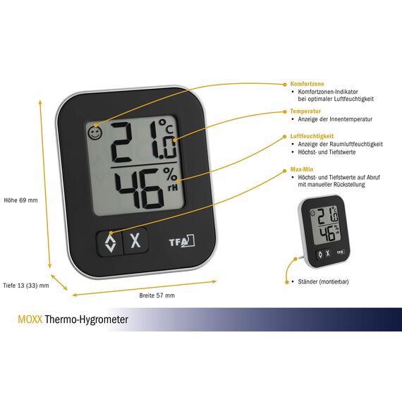 TFA Dostmann Moxx digitales Thermo-Hygrometer, 30.5026.01, zur Raumklimakontrolle, Überwachung der Luftfeuchtigkeit, klein und handlich, 1er Pack, schwarz, L 57 x B 13 (33) x H 69 mm