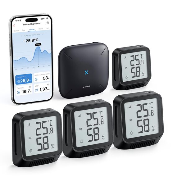 X-Sense WLAN Hygrometer Thermometer Innen mit LCD-Display, Temperatur- und Luftfeuchtigkeitsüberwachung per App, Smiley-Indikator, kompatibel mit Alexa, 4 Sensoren und Basisstation SBS50, STH0A41