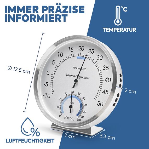 MAVORI® 2in1 Thermometer & Hygrometer aus Edelstahl | Analog Hygrometer & Thermometer | Luftfeuchtigkeitsmesser & Raumthermometer innen für Ihr gesundes Raumklima | Ø 12,5cm