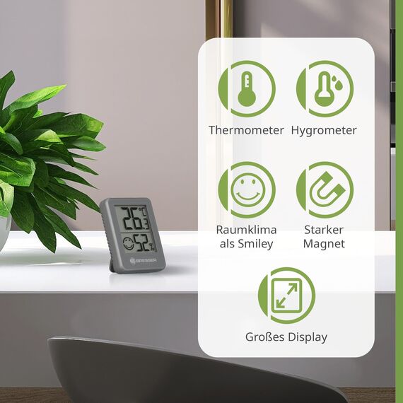 Bresser 3er Set Thermometer Hygrometer - Digitales Raumthermometer für Kontrolle Innenraum Luftfeuchtigkeit, Kühlschrankgeeignet, Wandmontage und Magnet, Schimmelvorbeugung - Indikator Smiley, Grau