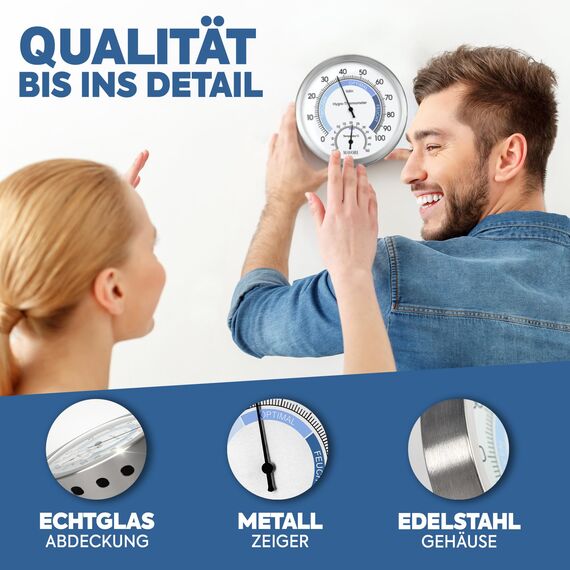 MAVORI® 2in1 Hygrometer innen analog und Thermometer analog innen aus Edelstahl - Thermometer Hygrometer analog - Temperatur und Luftfeuchtigkeitsmesser innen für ein gesundes Raumklima - Ø 12,5cm