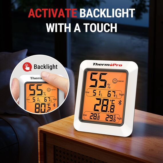 ThermoPro Thermometer Hygrometer 80m Bluetooth Raumthermometer Innen Temperatur und Luftfeuchtigkeitsmesser mit APP Datenexport für Innenraum, Büro, Weinkeller, Gewächshaus TP350