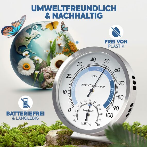 MAVORI® 2in1 Hygrometer innen analog und Thermometer analog innen aus Edelstahl - Thermometer Hygrometer analog - Temperatur und Luftfeuchtigkeitsmesser innen für ein gesundes Raumklima - Ø 12,5cm