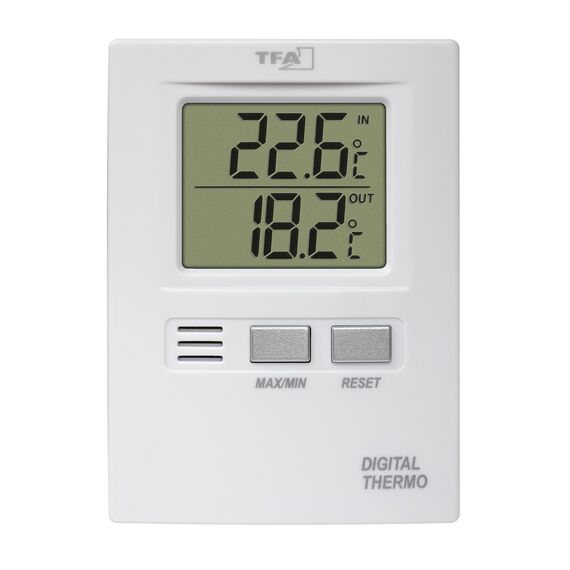 TFA Dostmann Digitales Innen-Außen-Thermometer, funktionales Display, Höchst- und Tiefwerte, Innen - und Außentemperatur, L 62 x B 20 (55) x H 85 mm, Weiß