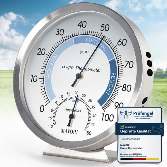 MAVORI® 2in1 Hygrometer innen analog und Thermometer analog innen aus Edelstahl - Thermometer Hygrometer analog - Temperatur und Luftfeuchtigkeitsmesser innen für ein gesundes Raumklima - Ø 12,5cm