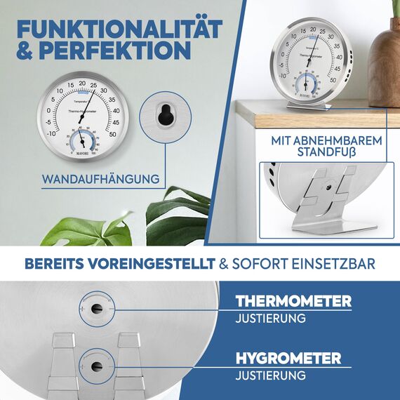 MAVORI® 2in1 Thermometer & Hygrometer aus Edelstahl | Analog Hygrometer & Thermometer | Luftfeuchtigkeitsmesser & Raumthermometer innen für Ihr gesundes Raumklima | Ø 12,5cm