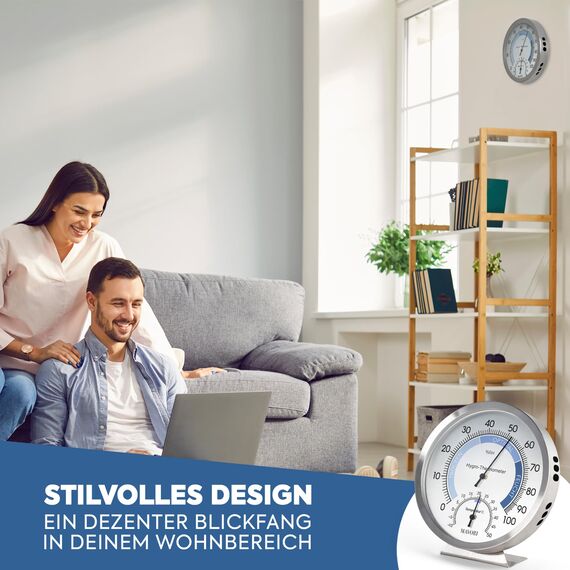 MAVORI® 2in1 Hygrometer innen analog und Thermometer analog innen aus Edelstahl - Thermometer Hygrometer analog - Temperatur und Luftfeuchtigkeitsmesser innen für ein gesundes Raumklima - Ø 12,5cm