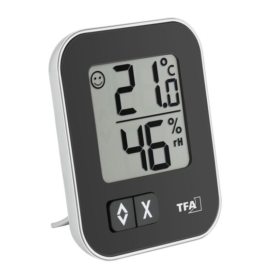 TFA Dostmann Moxx digitales Thermo-Hygrometer, 30.5026.01, zur Raumklimakontrolle, Überwachung der Luftfeuchtigkeit, klein und handlich, 1er Pack, schwarz, L 57 x B 13 (33) x H 69 mm