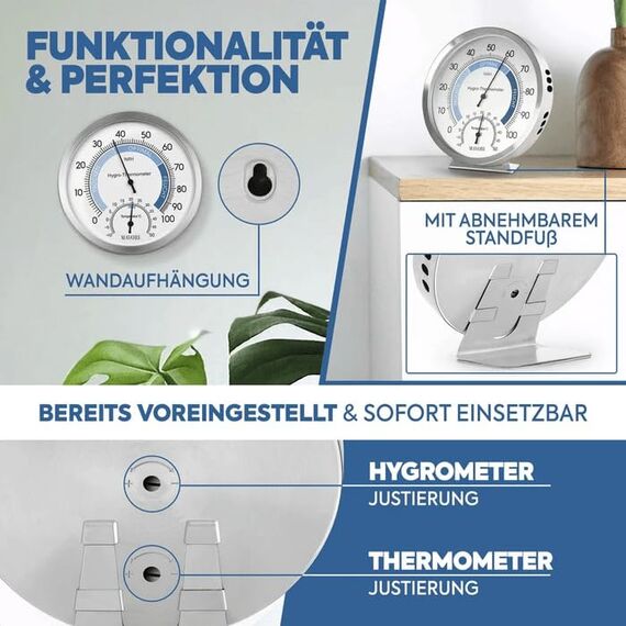 PROFI KLIMA-SET: 2in1 Hygrometer & Thermometer analog innen Edelstahl Ø12,5cm + 10x XL Luftentfeuchter Beutel zum Aufhängen – Feuchtigkeitsabsorber gegen Schimmel & Gerüche bis 500ml