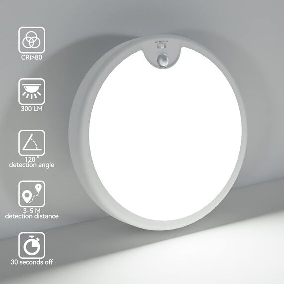 Peasur LED Deckenleuchte mit Bewegungsmelder Batteriebetrieben, 18cm Lampe Innen Aussen, 300LM 6000K Treppen Deckenlampe für Schrank Balkon Abstellraum Keller Flur Garage Bad Küche