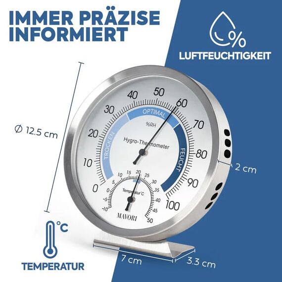 PROFI KLIMA-SET: 2in1 Hygrometer & Thermometer analog innen Edelstahl Ø12,5cm + 10x XL Luftentfeuchter Beutel zum Aufhängen – Feuchtigkeitsabsorber gegen Schimmel & Gerüche bis 500ml