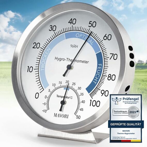 PROFI KLIMA-SET: 2in1 Hygrometer & Thermometer analog innen Edelstahl Ø12,5cm + 10x XL Luftentfeuchter Beutel zum Aufhängen – Feuchtigkeitsabsorber gegen Schimmel & Gerüche bis 500ml