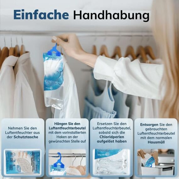 PROFI KLIMA-SET: 2in1 Hygrometer & Thermometer analog innen Edelstahl Ø12,5cm + 10x XL Luftentfeuchter Beutel zum Aufhängen – Feuchtigkeitsabsorber gegen Schimmel & Gerüche bis 500ml