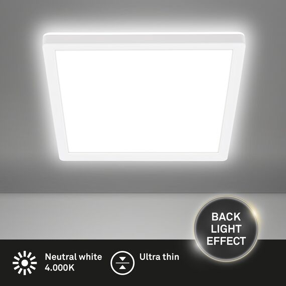 BRILONER - LED Deckenlampe mit indirektem Licht, flach, neutralweißes Licht, Lampe, Deckenleuchte, Wohnzimmerlampe, LED Panel, Küchenlampe, Deckenbeleuchtung, 24x24x3 cm, Weiß