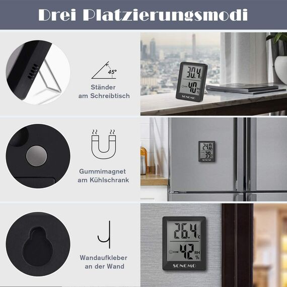 SONOMO Thermo-Hygrometer,2 Stück Digital Hygrometer Innen, Thermometer Innen Feuchtigkeit Hohen Genauigkeit,Für vertikale oder Wandmontage Luftfeuchtigkeitsmessgerät,Für Innenraum-(schwarz)