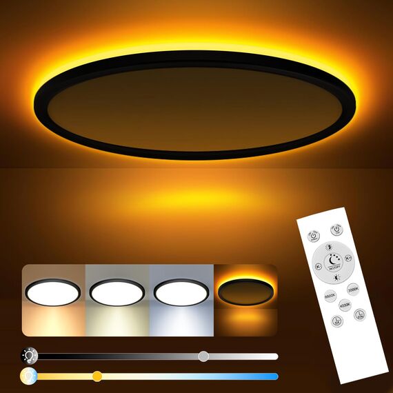slochi LED Deckenleuchte, 24W Deckenlampe Flach Dimmbar mit Fernbedienung, 1800K Nachtlicht Warm, 3000K-6500K, Ultra Dünn Schlafzimmer Lampe für Schlafzimme Wohnzimmer Kinderzimmer-Rund Schwarz
