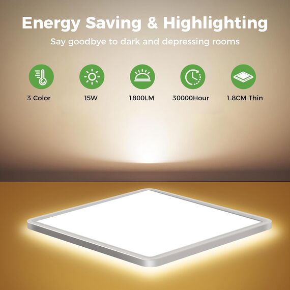 zemty Deckenlampe LED Deckenleuchte Flach, 3Farben - 3000K/4000K/6500K, IP44 Wasserfest Quadrat Badlampe Decke, 1800LM Modern LED Decklit für Flur küche Badezimmer Schlafzimmer Büro, Ø18CM