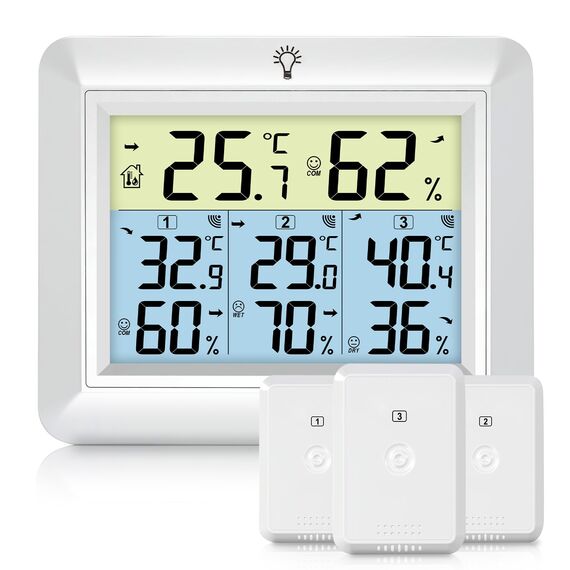 Urageuxy Wetterstation Funk mit 3 Außensensor - Wetterstation mit 100m Reichweite, Digital Hygrometer Thermometer mit Hintergrundbeleuchtung, MIN/MAX-Aufzeichnung, Einfache Bedienung (Weiß)