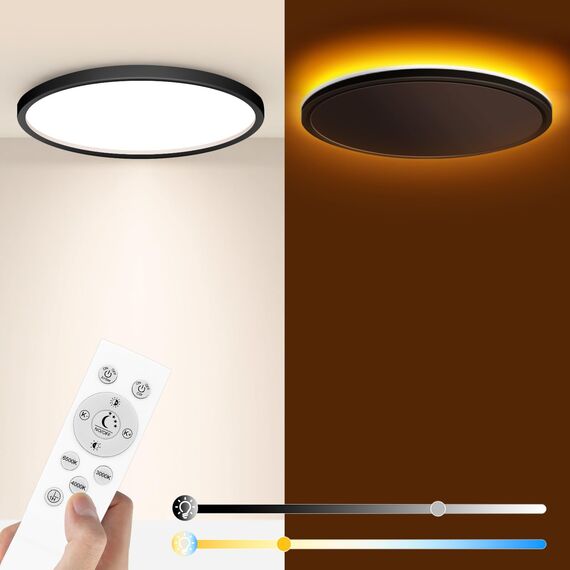 slochi LED Deckenleuchte, 24W Deckenlampe Flach Dimmbar mit Fernbedienung, 1800K Nachtlicht Warm, 3000K-6500K, Ultra Dünn Schlafzimmer Lampe für Schlafzimme Wohnzimmer Kinderzimmer-Rund Schwarz