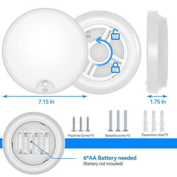 Peasur LED Deckenleuchte mit Bewegungsmelder Batteriebetrieben, 18cm Lampe Innen Aussen, 300LM 6000K Treppen Deckenlampe für Schrank Balkon Abstellraum Keller Flur Garage Bad Küche