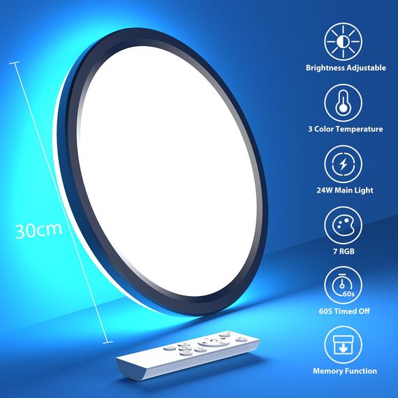 slochi LED Deckenleuchte Dimmbar mit Fernbedienung, 30CM RGB Farbwechsel Deckenlampe Led, 3000K-6500K Badezimmer Lampe für Bad Kinderzimmer Schlafzimmer Wohnzimme-Rund Schwarz