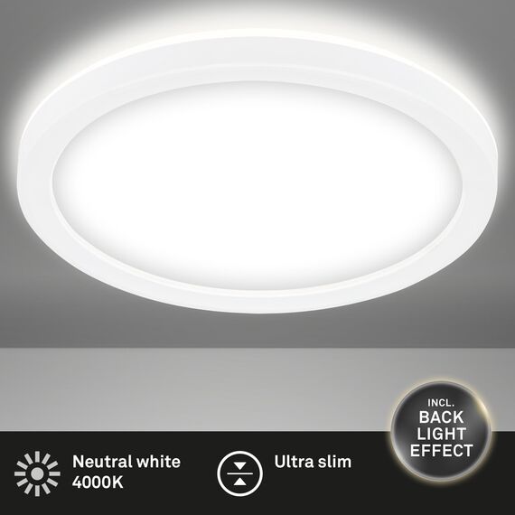 BRILONER - LED Deckenlampe mit indirektem Licht, flach, neutralweiße Lichtfarbe, Lampe, Deckenleuchte, Wohnzimmerlampe, LED Panel, Küchenlampe, Deckenbeleuchtung, 19x2,8 cm, Weiß