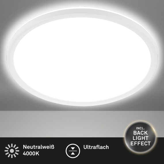 BRILONER - LED Deckenlampe mit indirektem Licht, 3cm flach, 22W 3.000lm, neutralweiße Lichtfarbe, Lampe, Deckenleuchte, Wohnzimmerlampe, LED Panel, Küchenlampe, Schlafzimmerlampe, Flur, ø42cm, Weiß