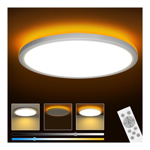 slochi LED Deckenleuchte, 24W Deckenlampe Flach Dimmbar mit Fernbedienung, 1800K Nachtlicht Warm, 3000K-6500K, Ultra Dünn Schlafzimmer Lampe für Schlafzimme Wohnzimmer Kinderzimmer-Rund Weiss