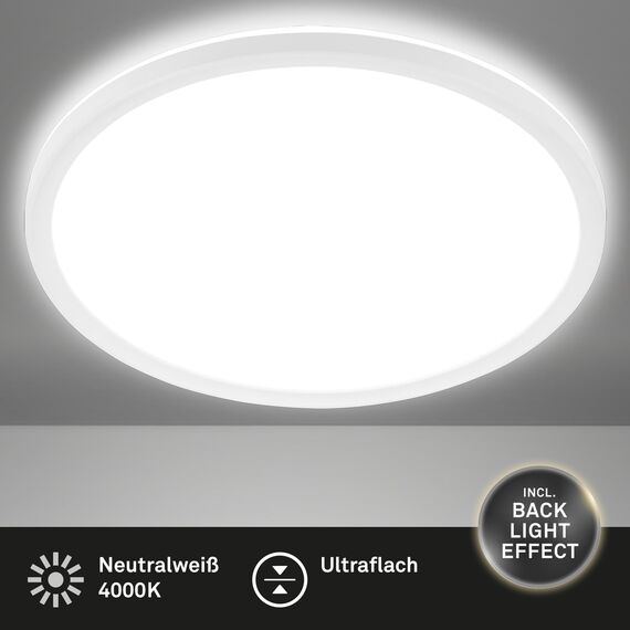 BRILONER - LED Deckenlampe mit indirektem Licht, flach, neutralweiße Lichtfarbe, Lampe, Deckenleuchte, Wohnzimmerlampe, LED Panel, Küchenlampe, Deckenbeleuchtung, Flur, 48x3 cm, Weiß