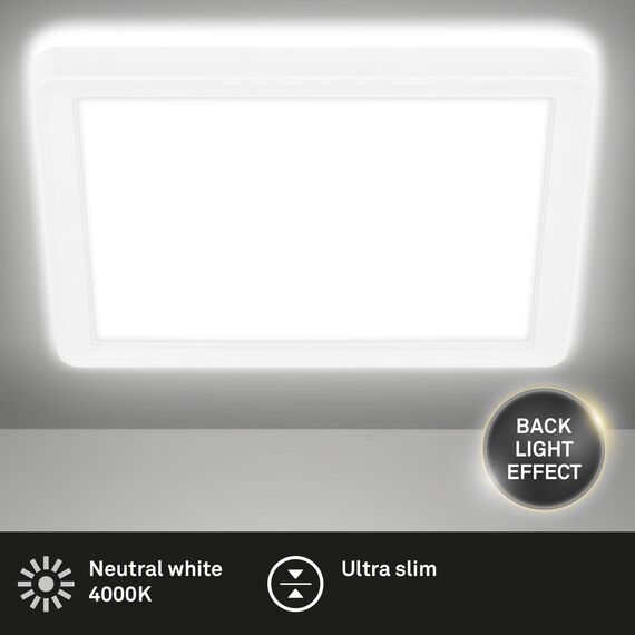 BRILONER - LED Deckenlampe mit indirektem Licht, flach, neutralweiße Lichtfarbe, Lampe, Deckenleuchte, Wohnzimmerlampe, LED Panel, Küchenlampe, Deckenbeleuchtung, 19x19x2,8 cm, Weiß