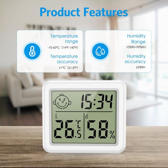 Brifit Digital Hygrometer Thermometer, Tragbares Hygrometer Innen mit Hoher Genauigkeit, Temperatur und Feuchtigkeitsmessgerät mit Uhr, Raumklimaanzeige, Raumthermometer für Büro, Heim (2 Stück)