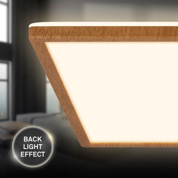 BRILONER - LED Deckenlampe mit indirektem Licht, flach, warmweißes Licht, Lampe, Deckenleuchte, Wohnzimmerlampe, LED Panel, Küchenlampe, Schlafzimmerlampe, 42x42x3 cm, Rahmen in Holzoptik