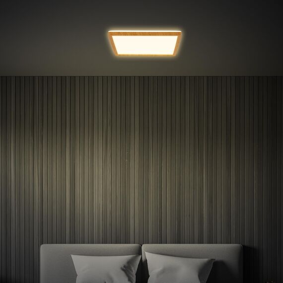 BRILONER - LED Deckenlampe mit indirektem Licht, flach, warmweißes Licht, Lampe, Deckenleuchte, Wohnzimmerlampe, LED Panel, Küchenlampe, Schlafzimmerlampe, 29x29x3 cm, Rahmen in Holzoptik