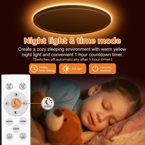 slochi LED Deckenleuchte, 24W Deckenlampe Flach Dimmbar mit Fernbedienung, 1800K Nachtlicht Warm, 3000K-6500K, Ultra Dünn Schlafzimmer Lampe für Schlafzimme Wohnzimmer Kinderzimmer-Rund Weiss