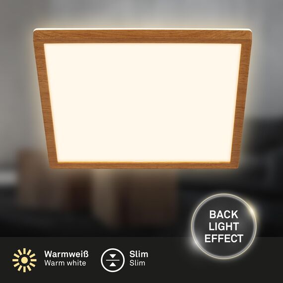 BRILONER - LED Deckenlampe mit indirektem Licht, flach, warmweißes Licht, Lampe, Deckenleuchte, Wohnzimmerlampe, LED Panel, Küchenlampe, Schlafzimmerlampe, 29x29x3 cm, Rahmen in Holzoptik