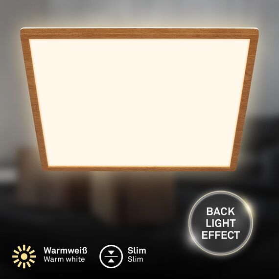 BRILONER - LED Deckenlampe mit indirektem Licht, flach, warmweißes Licht, Lampe, Deckenleuchte, Wohnzimmerlampe, LED Panel, Küchenlampe, Schlafzimmerlampe, 42x42x3 cm, Rahmen in Holzoptik