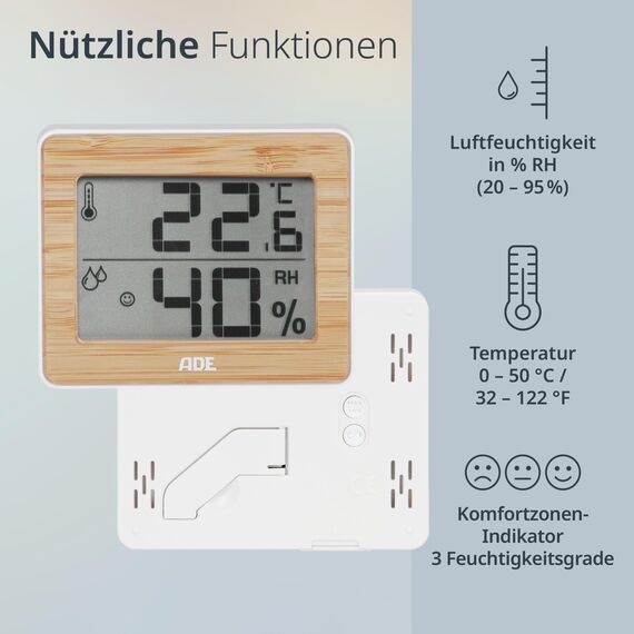 ADE Digitales Thermometer und Hygrometer für innen | Luftfeuchtigkeitsmesser | Bambus | Doppelpack