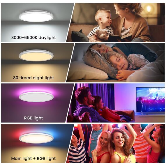 Tyreses LED Deckenleuchte Dimmbar mit Fernbedienung, 24W RGB Farbwechsel LED Deckenlampe, Rund Deckenbeleuchtung 3000K-6500K für Schlafzimmer, Wohnzimmer, Badezimmer, Kinderzimmer, Ø30CM
