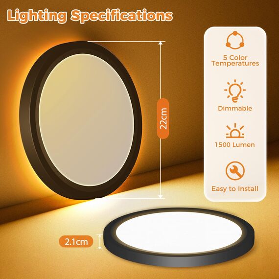 slochi LED Deckenleuchte, 22CM 15W 1500LM Deckenlampe Flach Dimmbar mit Fernbedienung, 1800K Nachtlicht Warm, 3000K-6500K Schlafzimmer Lampe für Schlafzimme Wohnzimmer Kinderzimmer Rund, Schwarz