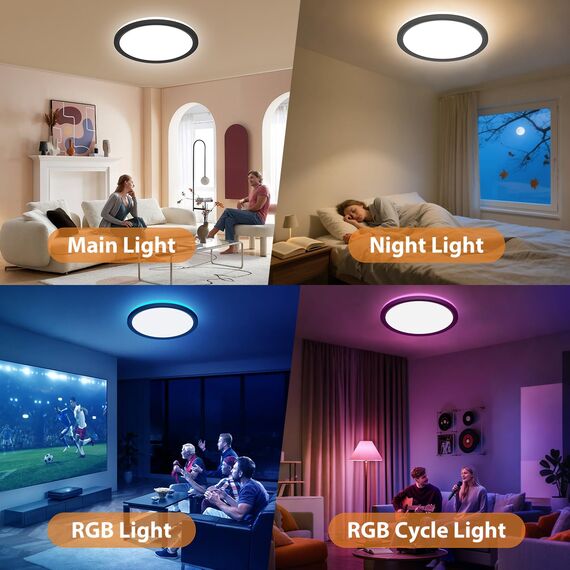 slochi LED Deckenleuchte Dimmbar mit Fernbedienung, 30CM RGB Farbwechsel Deckenlampe Led, 3000K-6500K Badezimmer Lampe für Bad Kinderzimmer Schlafzimmer Wohnzimme-Rund Schwarz