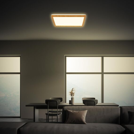 BRILONER - LED Deckenlampe mit indirektem Licht, flach, warmweißes Licht, Lampe, Deckenleuchte, Wohnzimmerlampe, LED Panel, Küchenlampe, Schlafzimmerlampe, 29x29x3 cm, Rahmen in Holzoptik