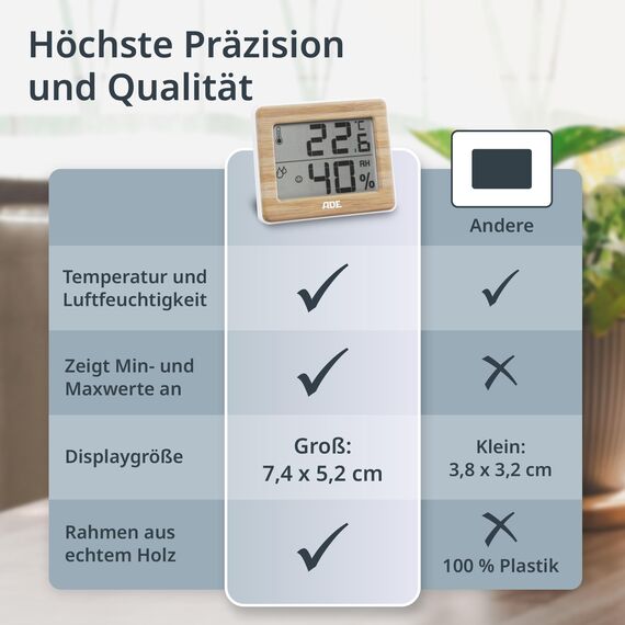 ADE Digitales Thermometer und Hygrometer für innen | Luftfeuchtigkeitsmesser | Bambus | Doppelpack