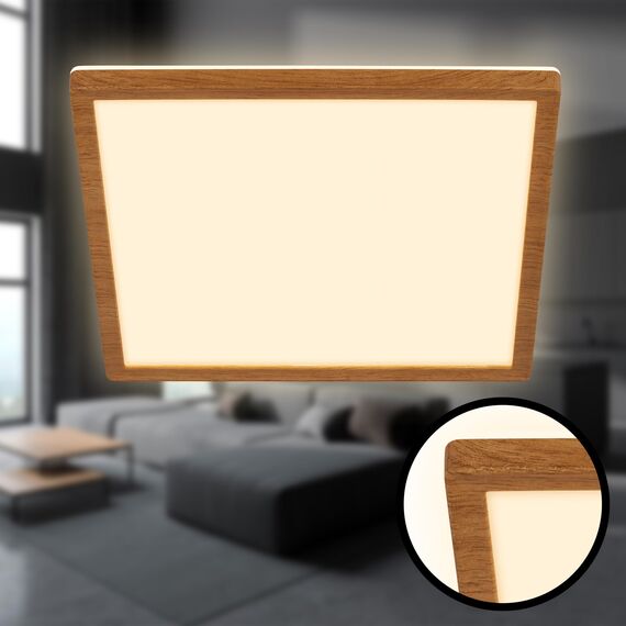 BRILONER - LED Deckenlampe mit indirektem Licht, flach, warmweißes Licht, Lampe, Deckenleuchte, Wohnzimmerlampe, LED Panel, Küchenlampe, Schlafzimmerlampe, 29x29x3 cm, Rahmen in Holzoptik