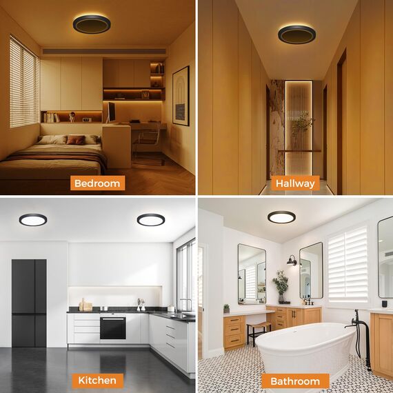 slochi LED Deckenleuchte, 22CM 15W 1500LM Deckenlampe Flach Dimmbar mit Fernbedienung, 1800K Nachtlicht Warm, 3000K-6500K Schlafzimmer Lampe für Schlafzimme Wohnzimmer Kinderzimmer Rund, Schwarz