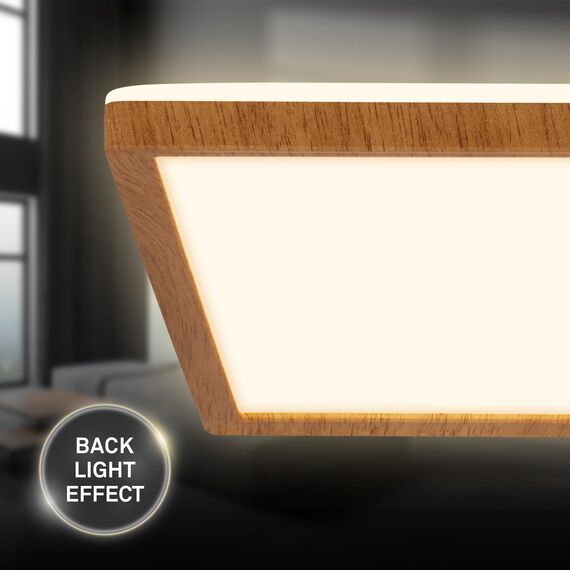 BRILONER - LED Deckenlampe mit indirektem Licht, flach, warmweißes Licht, Lampe, Deckenleuchte, Wohnzimmerlampe, LED Panel, Küchenlampe, Schlafzimmerlampe, 29x29x3 cm, Rahmen in Holzoptik
