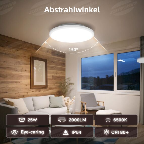 JONMONSM Led Deckenleuchte Flach 25W, IP54 Wasserfest, Ø30cm 2000LM 6500k, Rund Lamp Deckenlampen für Badezimmer, Schlafzimmer, Küche, Flur, Weiß