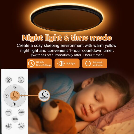 slochi LED Deckenleuchte, 24W Deckenlampe Flach Dimmbar mit Fernbedienung, 1800K Nachtlicht Warm, 3000K-6500K, Ultra Dünn Schlafzimmer Lampe für Schlafzimme Wohnzimmer Kinderzimmer-Rund Schwarz